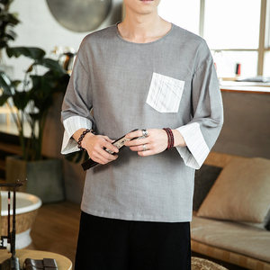 夏季风棉麻口袋圆领透气汉服圆领七分袖男QT4029-T2054图片
