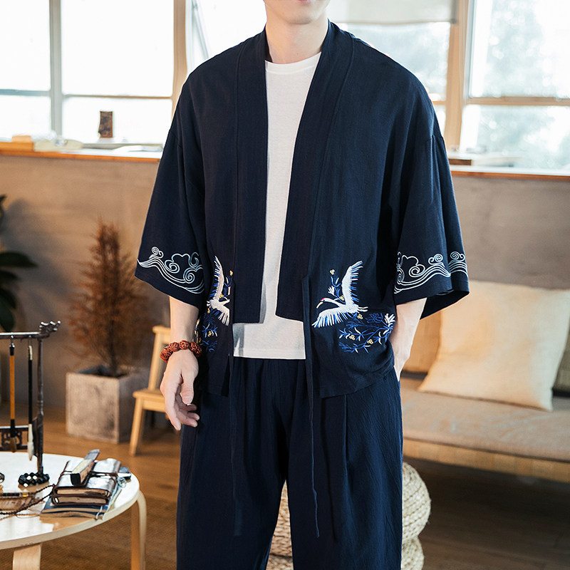 春夏新款七分袖汉服大码刺绣仙鹤道袍开衫上衣团体服,男装民族服装,电商A021