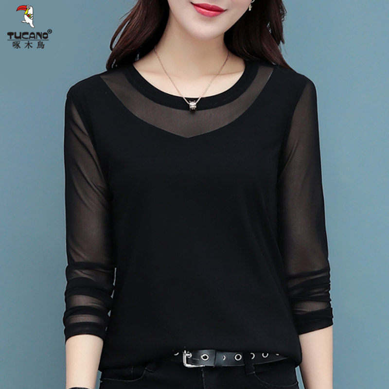 啄木鸟网纱长袖女时尚大码内搭