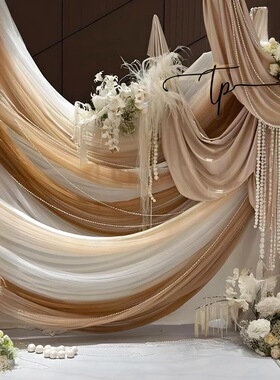 香槟色咖啡色奶黄色软网纱韩式婚礼布置纱幔现场背景装饰网纱布料