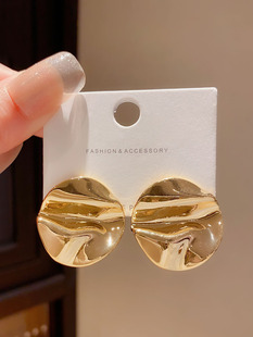 复古冷淡风几何不规则耳环女18K金色小众设计感褶皱金属耳钉耳饰