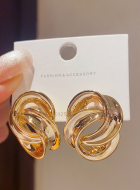 欧美夸张轻奢金色交叉双环大耳环女小众几何高级感气质耳钉耳饰