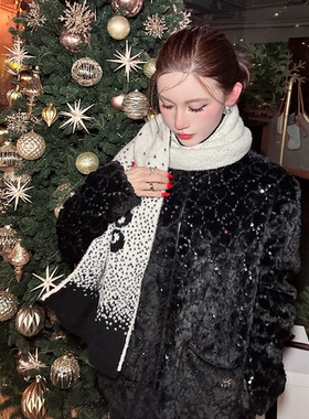 Mystical Beauty 亮片立领拉链保暖皮毛棉服黑色