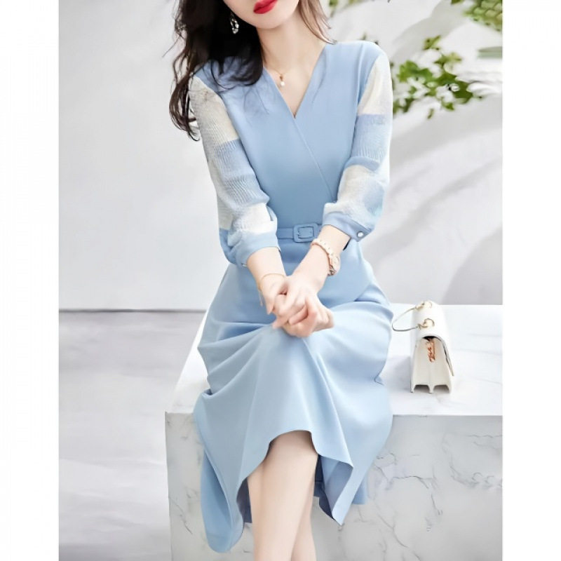 印花压皱雪纺拼接2025春新V领收腰七分袖连衣裙女长款