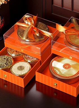 新双层橙色燕窝西洋参石斛虫草海参包装盒双圆抽屉五福礼品盒空盒