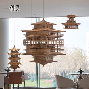 新中式榫卯实木吊饰挂件古典倒影装饰会所全实木金阁寺模型