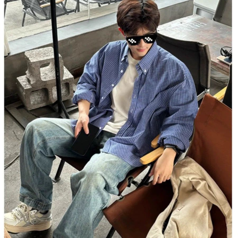 cleanfit蓝色格子衬衫男款美式复古长袖春夏外套痞帅高级感上衣男
