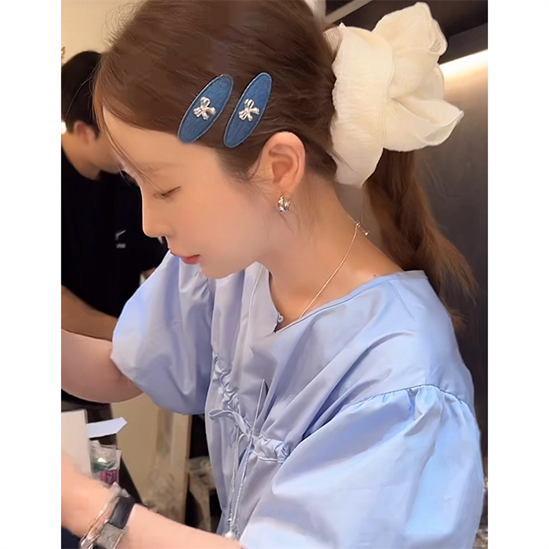 韩国复古百搭牛仔蓝蝴蝶结发夹2025新款侧边碎发刘海夹发饰发卡女