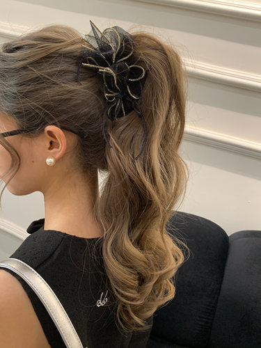 韩国新款网纱仙女蝴蝶结项链家发抓竖夹高马尾少女感发饰后脑勺