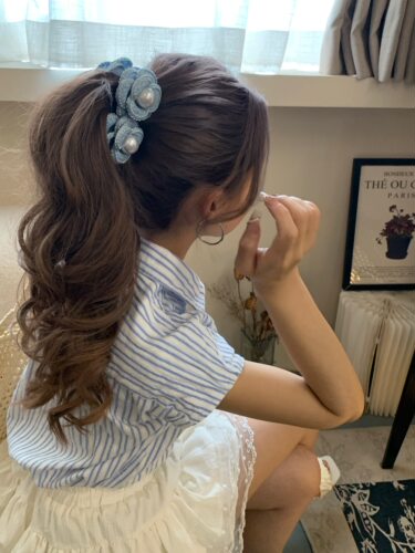 韩国原创手工新款牛仔布艺花朵发圈女高级感时尚洋气气质香蕉夹