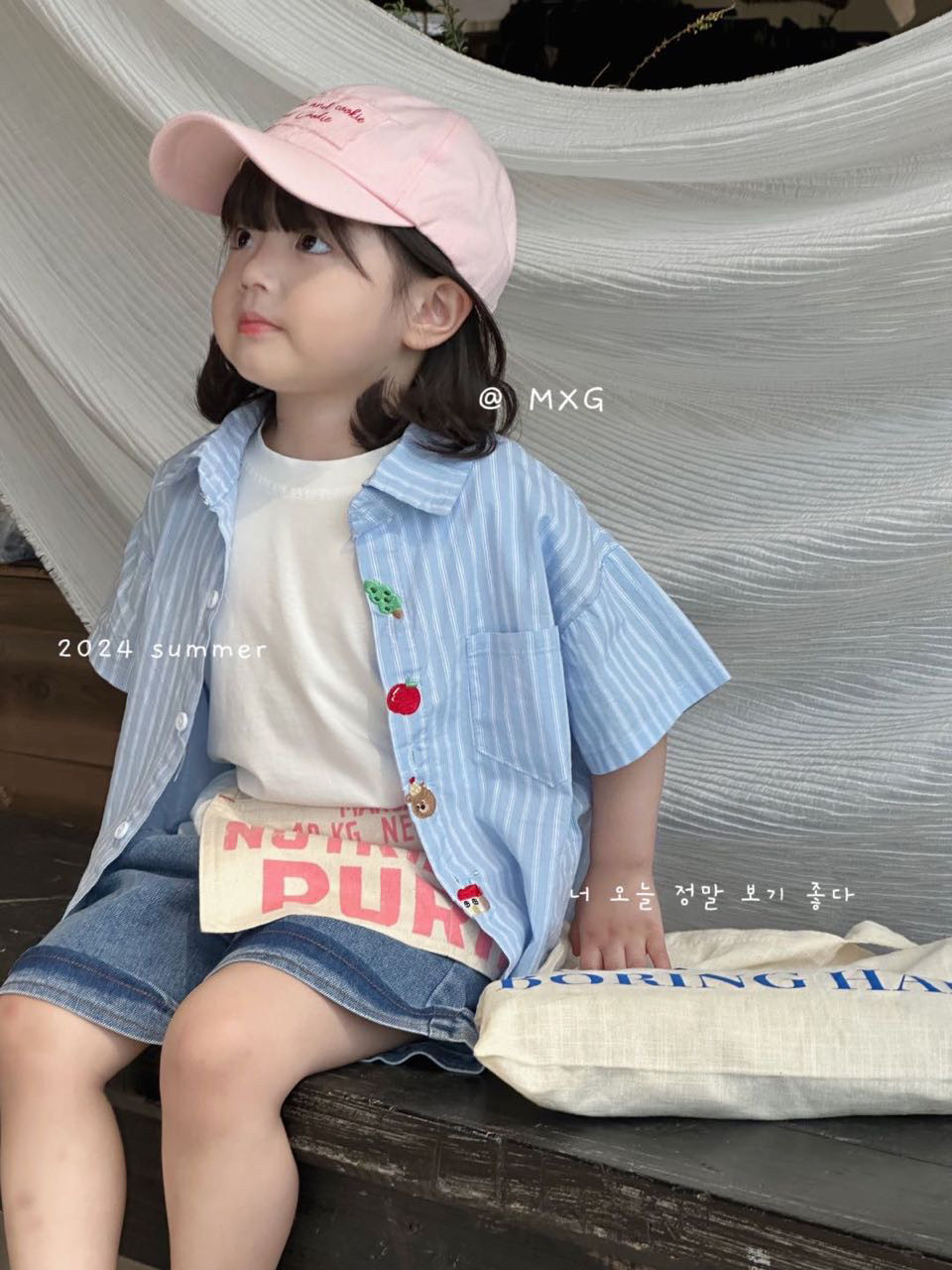 萌小乖韩系蓝色条纹短袖衬衫男女小童2024新款短袖衬衫