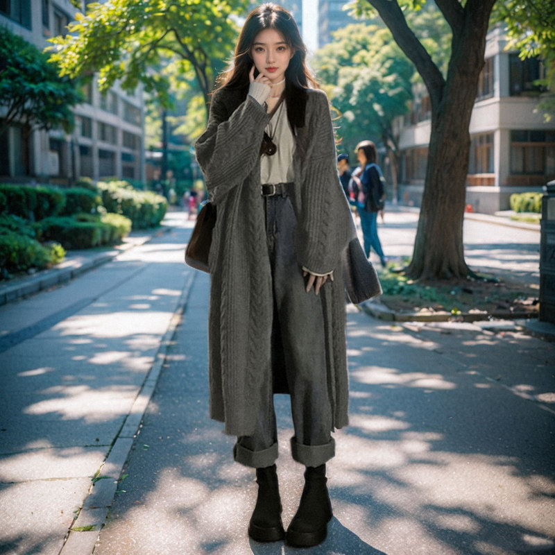 麻花V领长款针织外套披肩女羊毛过膝开衫厚款春秋毛衣宽松慵懒风