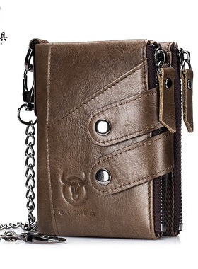 牛船长皮具rfid钱包男真皮复古拉链三折头层牛皮皮夹子Wallet man