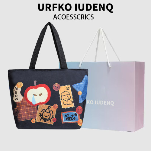 URFKO IUDENQ藏青牛仔色苹果帆布包潮ins大学生上课通勤大容量包
