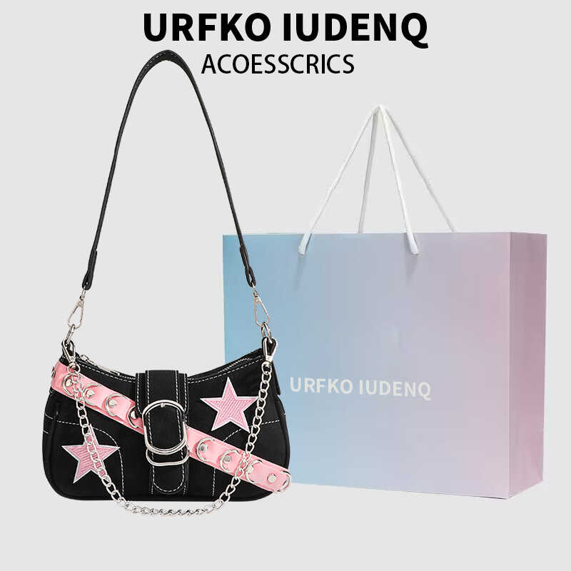URFKO IUDENQ2025新款粉色皮带星星法棍单肩包y2k辣妹链条腋下包