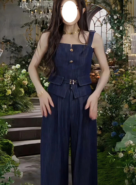 吞吞穿搭日记【蓝调时分】蓝色复古设计感仿牛仔吊带长裤子两件套