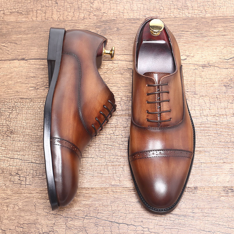 三接头商务尖头雕花男鞋牛皮