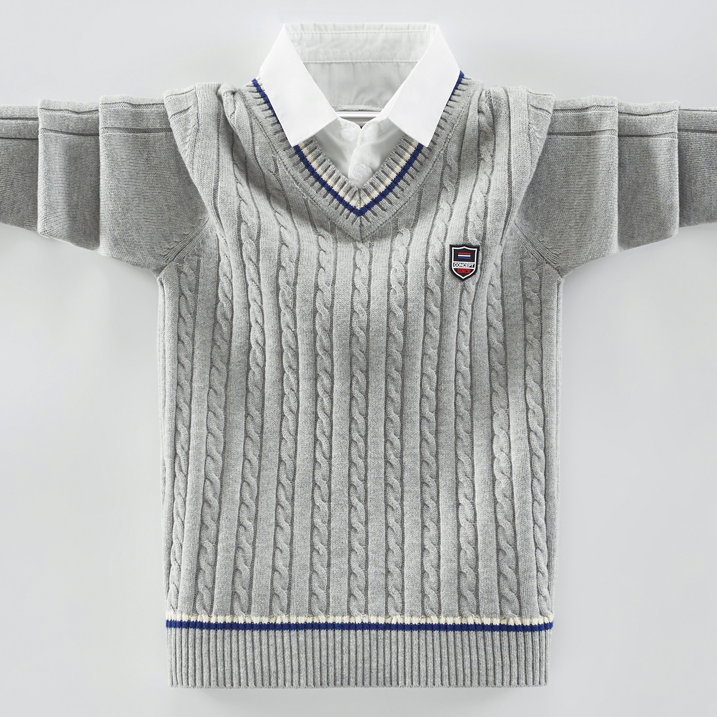 男童毛衣假两件2025秋冬新款儿童衬衫领针织衫加绒中大童校服线衣