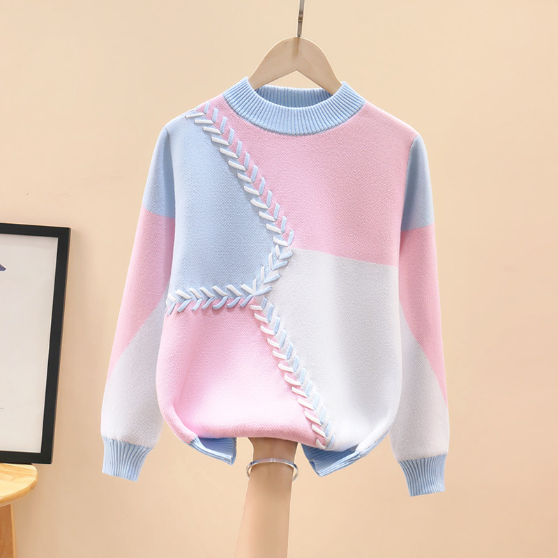 女童套头毛衣纯棉2025新款秋冬儿童圆领针织打底衫加绒加厚中大童