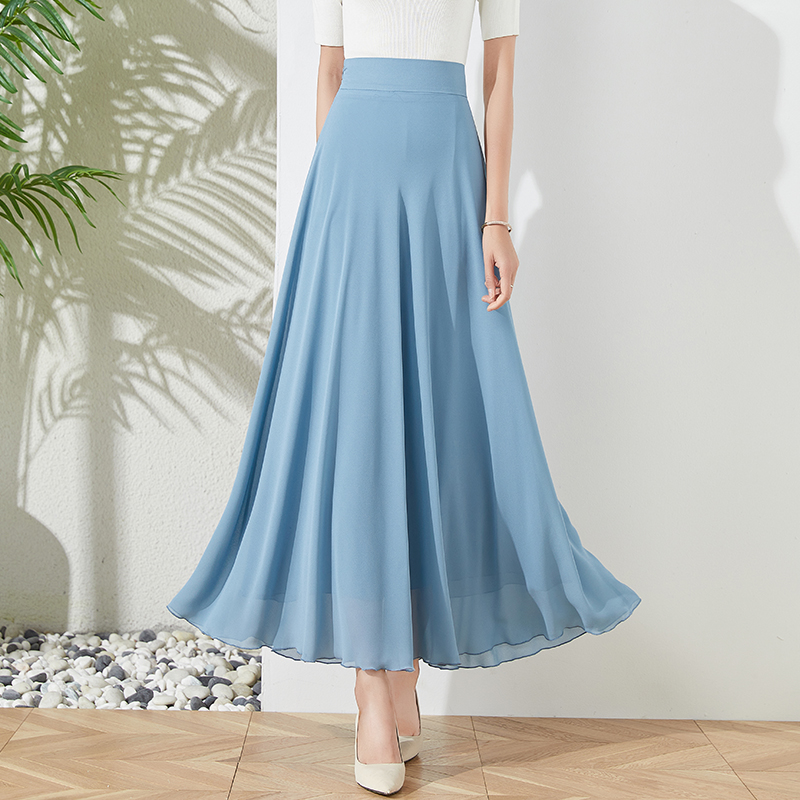 纯色蓝色高腰A字裙2025夏季新款雪纺半身裙女中长款大摆裙子舞裙