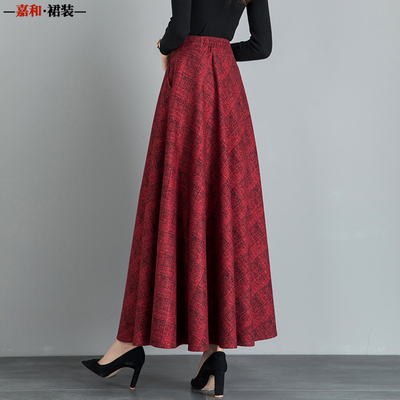 2025春秋复古红色格子毛呢半身裙女长款高腰A字裙大摆跳舞长裙子