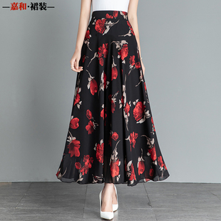 2025新款 高腰a字大摆长裙纱裙 夏季 红色复古印花雪纺半身裙女长款