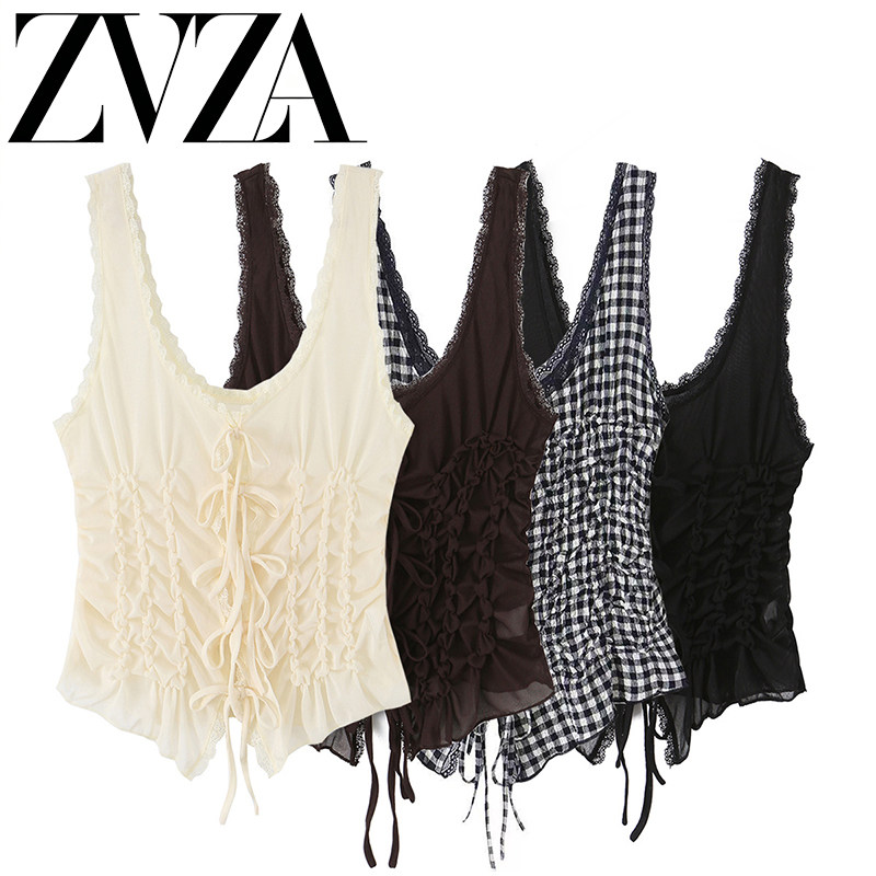 ZA 夏季新款 ZV女装 欧美风 时尚百搭简约小格纹褶皱上衣4745038