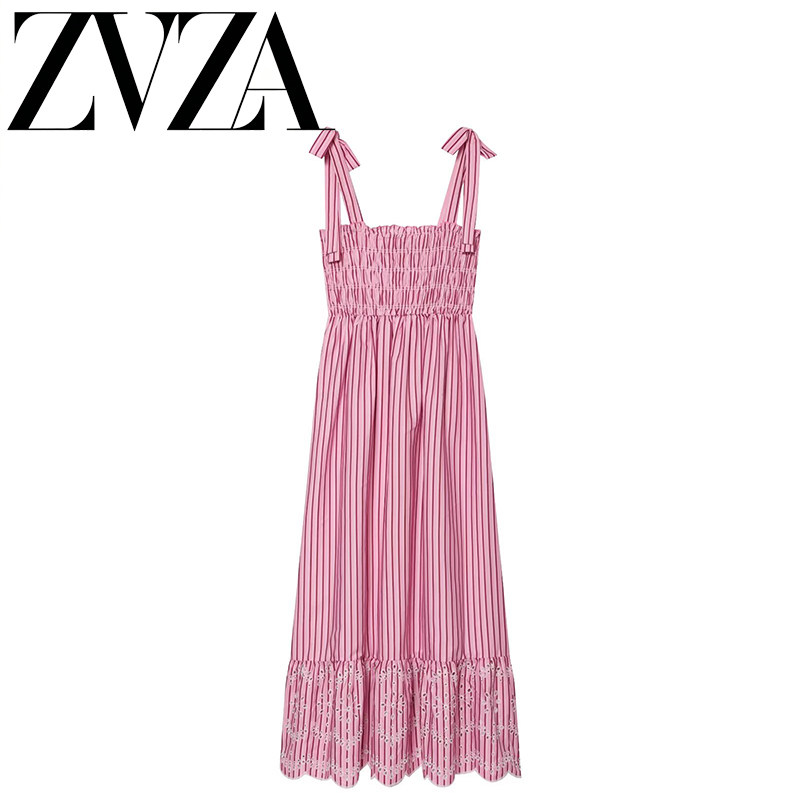 ZR 夏季新款 ZA女装 欧美风外贸时尚百搭条纹蝴蝶结连衣裙2298088