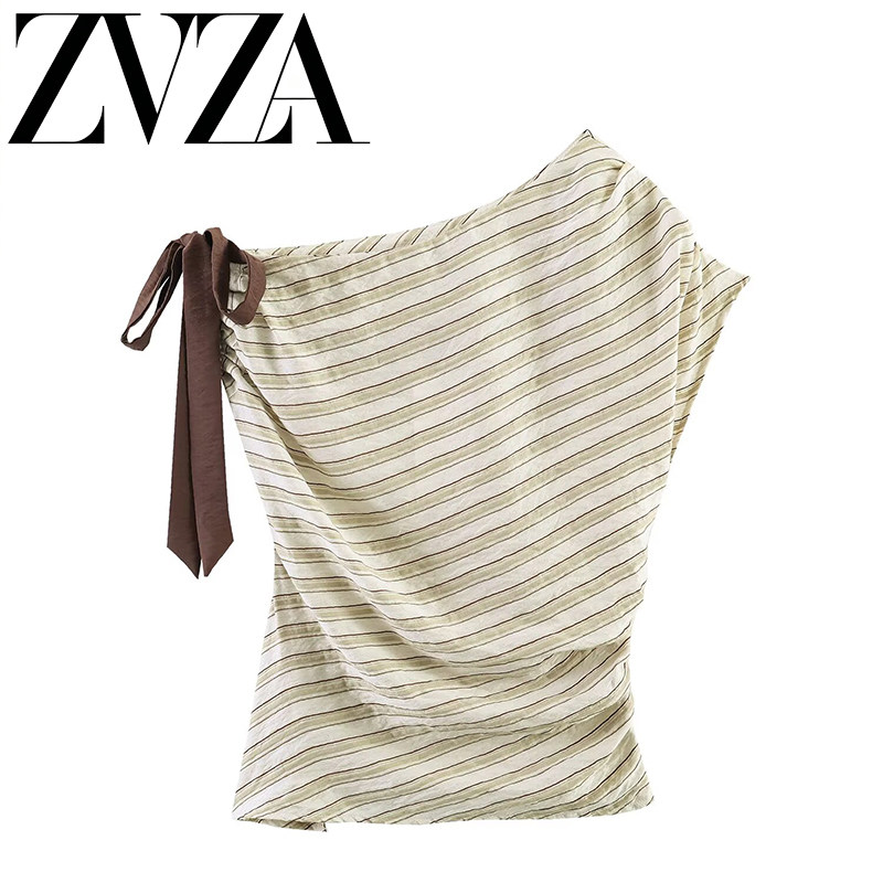 ZA 夏季新款 ZV女装 欧美风 时尚百搭简约条纹蝴蝶结上衣2157034