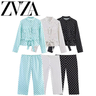 ZA 夏季新款 ZV女装 欧美风 波点衬衫外套卡普里裤高腰及裸裤套装