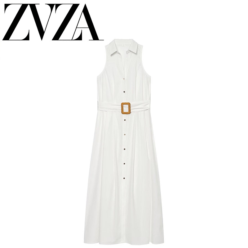 ZA 夏季新款 ZV女装 欧美风 时尚设计感配腰带迷笛连衣裙 0387075