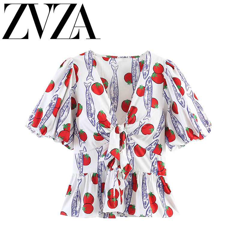 ZA 夏季新款 ZV女装 欧美风 设计感时尚百搭印花衬衫4009322 044