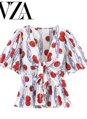 ZA 夏季新款 ZV女装 欧美风 设计感时尚百搭印花衬衫4009322 044