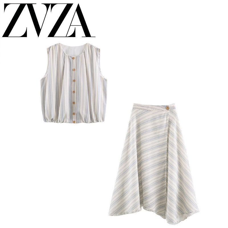 ZA 夏季新款 ZV女装 欧美风 时尚款条纹泡泡袖衬衫+不对称迷笛裙