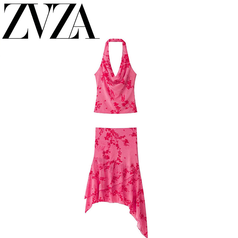 ZA 夏季新款 ZV女装 欧美风 时尚挂脖领上衣+迷笛裙套装 0085324