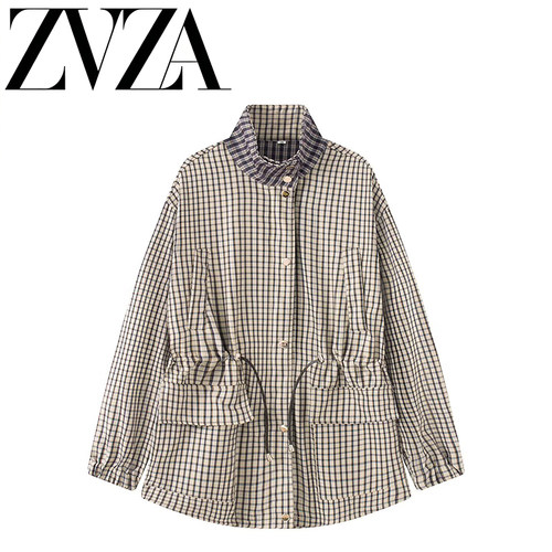 ZA 夏季新款 ZV女装 欧美风 时尚百搭款长袖立领休闲收腰格子外套