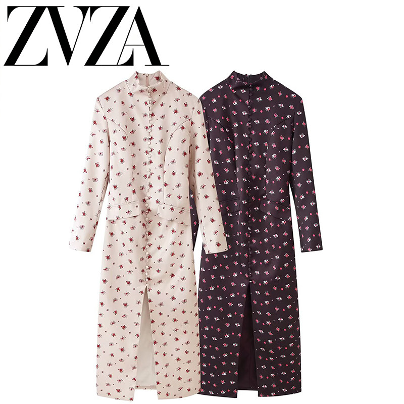ZA 夏季新款 ZV女装 欧美风 时尚百搭款缎面印花排扣开叉连衣裙