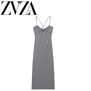 ZA 夏季新款 ZV女装 欧美风 修身V领小格纹迷笛连衣裙女 4745039