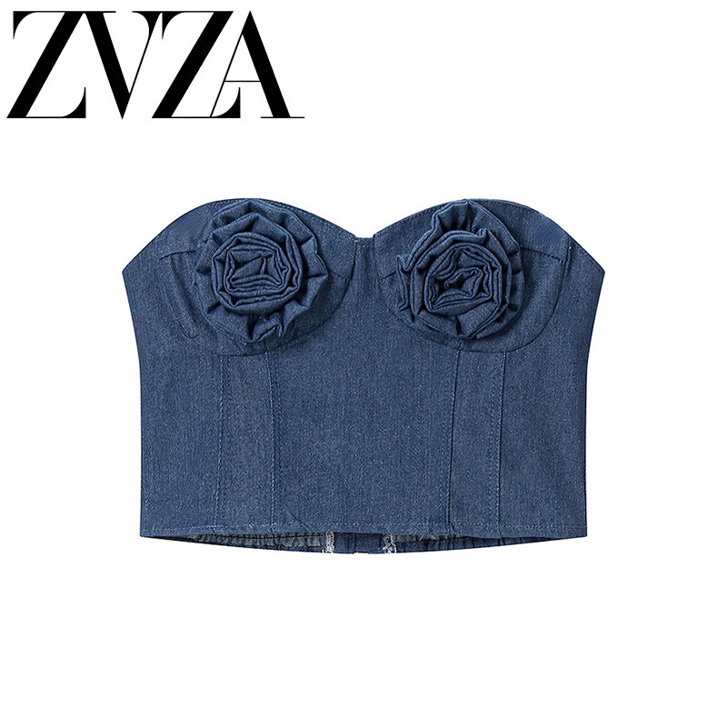 ZA 夏季新款 ZV女装 欧美风 时尚百搭设计 简约风牛仔性感抹胸衣