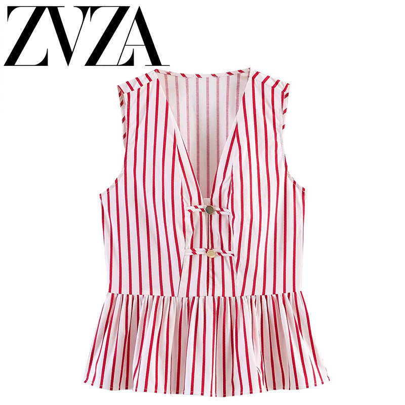 ZA 夏季新款 ZV女装 欧美风 时尚百搭简约绳结扣条纹上衣3897 120