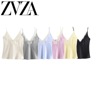 ZA 夏季新款 ZV女装 欧美风 蕾丝装饰丝缎质感吊带上衣女1067261