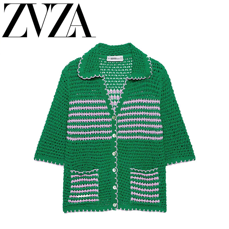 ZA 夏季新款 ZV女装 欧美风 时尚百搭简约条纹镂空 POLO 衫领外套
