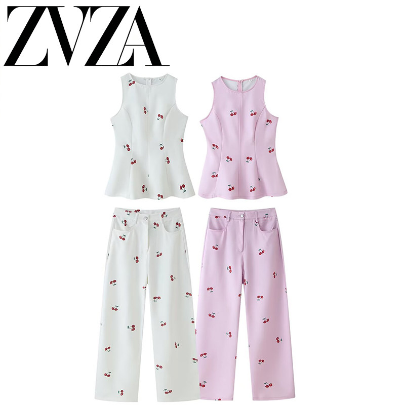 ZA 夏季新款 ZV女装 欧美风 时尚百搭印花圆领无袖上衣弯刀裤套装
