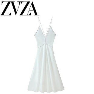 ZA 夏季新款 ZV女装 欧美风 时尚百搭镂空花边拼接露背V领连衣裙