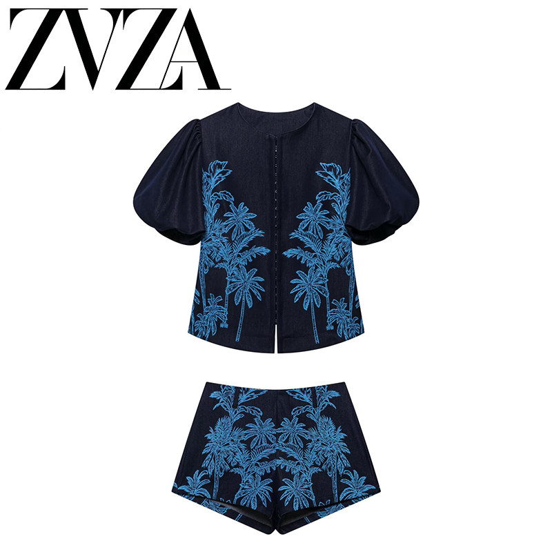 ZA 夏季新款 ZV女装 欧美风 时尚款泡泡袖前排扣印花上衣短裤套装