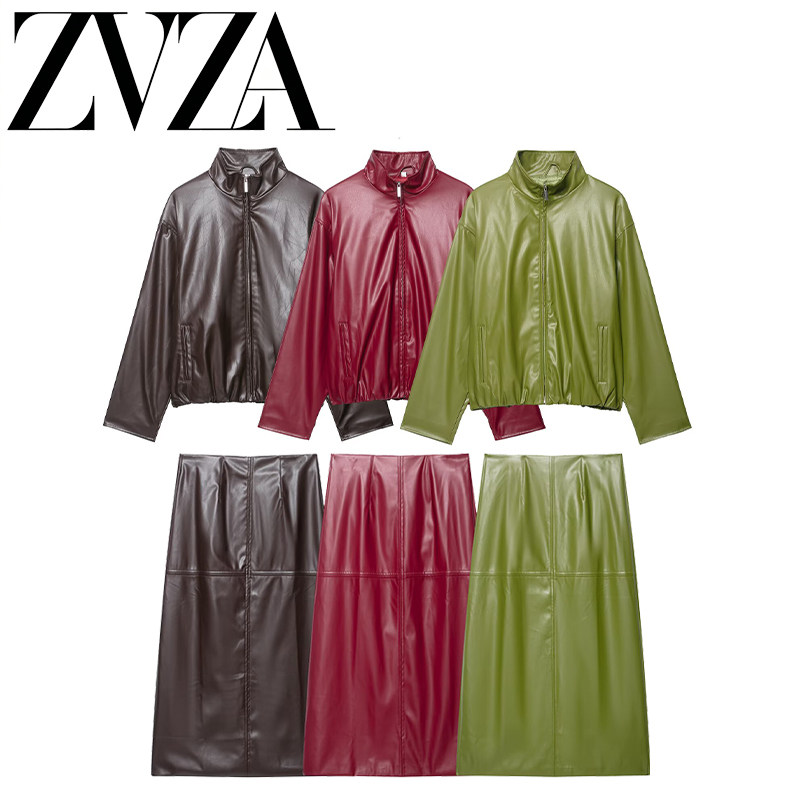 ZA 夏季新款 ZV女装 欧美风 美式复古立领皮衣外套半身裙皮裤套装