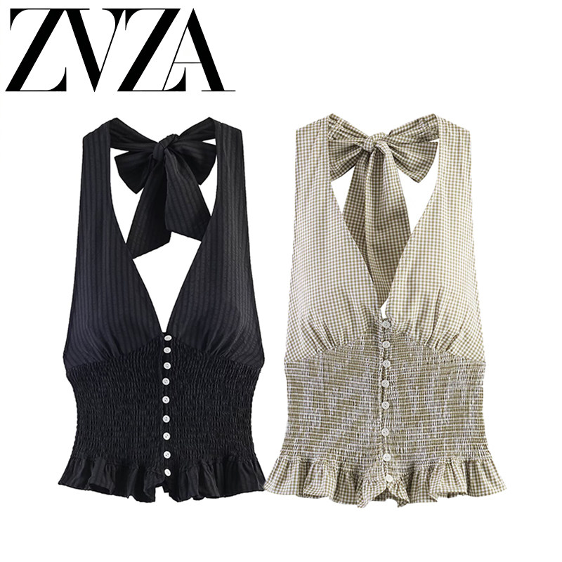 ZA 夏季新款 ZV女装 欧美风 时尚百搭款小格纹挂脖领上衣4661090