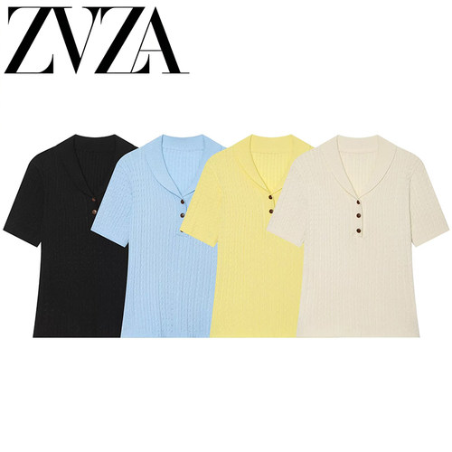 ZA 夏季新款 ZV女装 欧美风 时尚百搭简约设计扭麻花翻领针织短袖