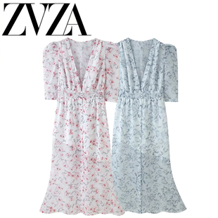 ZA 夏季新款 ZV女装 欧美风 时尚百搭简约设计 收腰泡泡袖连衣裙