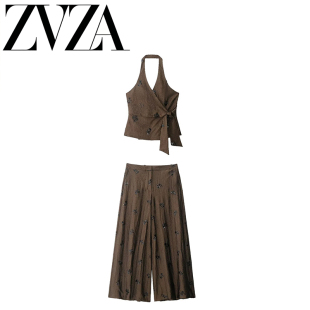 ZA 夏季新款 ZV女装 欧美风 时尚珠片挂脖领上衣珠片饰宽腿裤套装